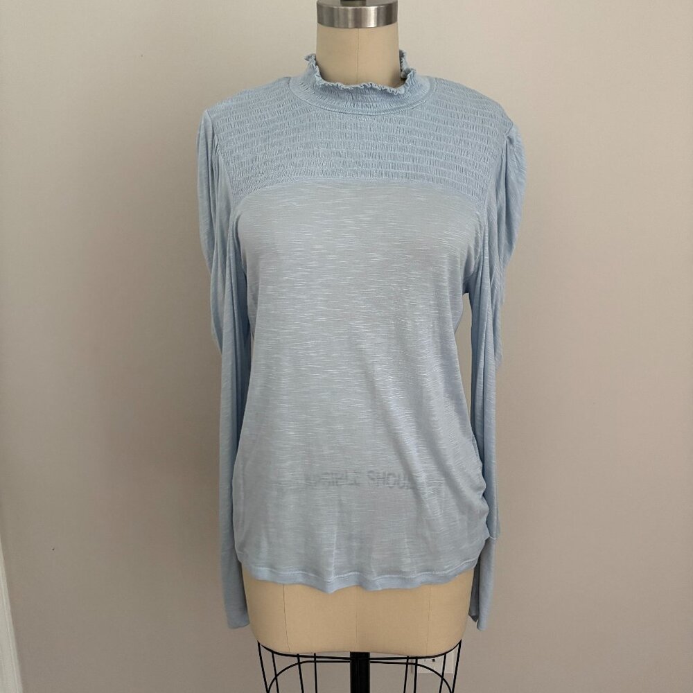 7 for all Mankind Blue mock Neck Puff Shoulder Top Dark Academia Light Chic